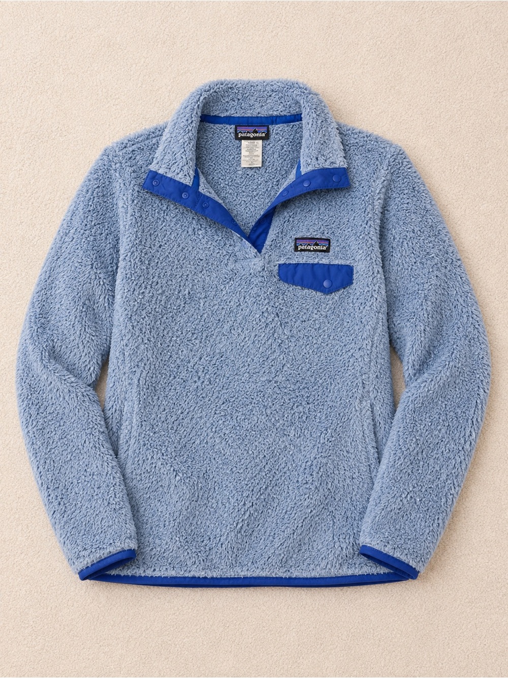 Patagonia Women’s Light Blue Sherpa Pullover with Royal Blue Trim